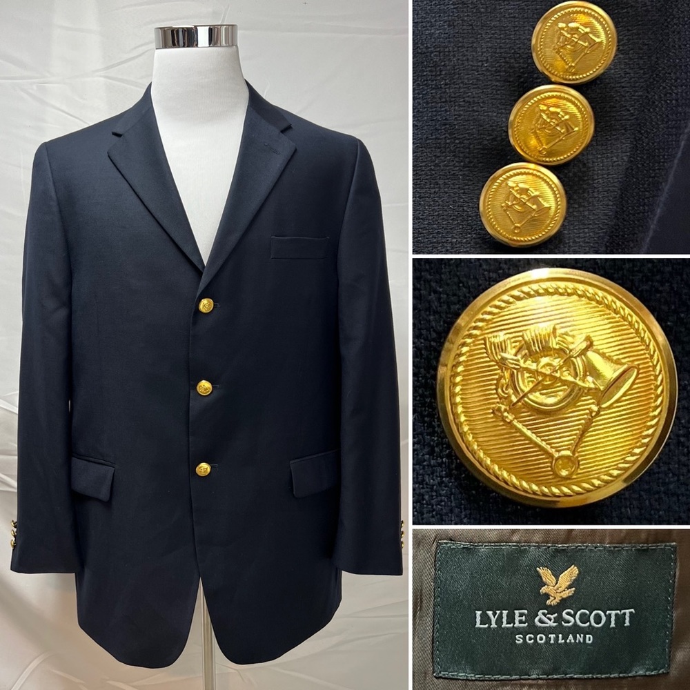 Men's Lyle & Scott Navy Blue Gold 3-Button Wool 46R Blazer Jacket Sport Coat